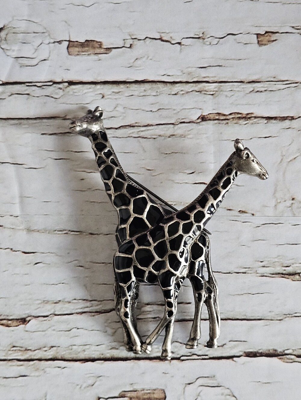 Vintage Giraffes Brooch Pin, Silver Tone and Black Enamel